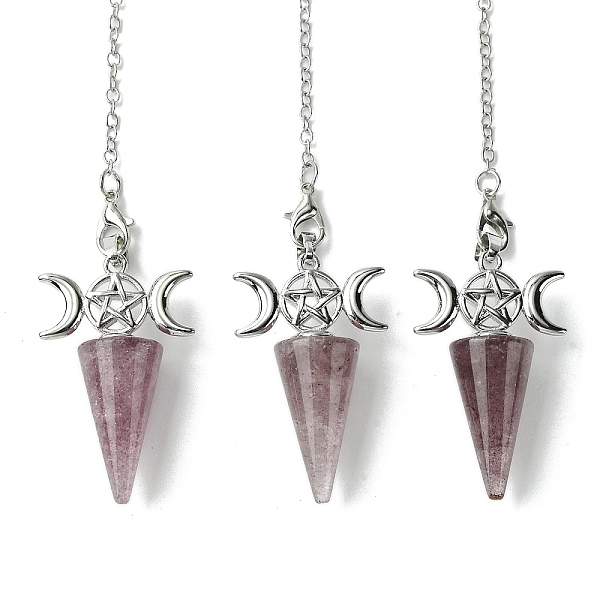 

PandaHall Natural Strawberry Quartz Cone Dowsing Pendulum Big Pendants, with Triple Moon Rack Plating Platinum Plated Brass Findings...