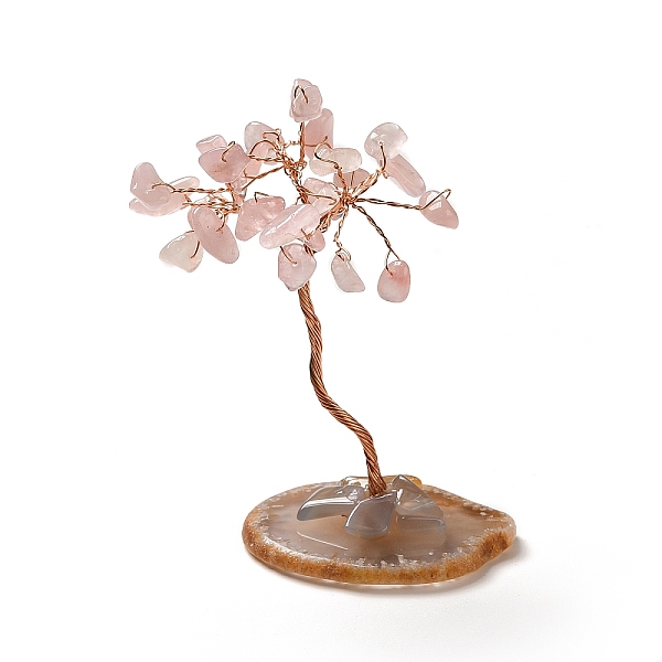 

PandaHall Natural Rose Quartz Chips Tree Display Decorations, Copper Wire Wrapped Feng Shui Ornament, 35~39x39~48x59~80mm Rose Quartz Tree