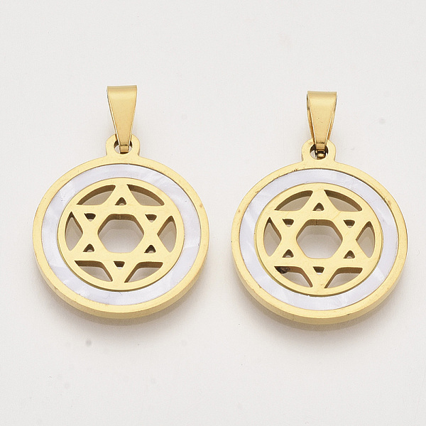 

PandaHall 201 Stainless Steel Pendants, with Shell and Random Size Snap on Bails, for Jewish, Flat Round with Star of David, Golden...