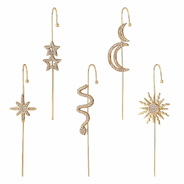 

PandaHall 5Pcs 5 Style Sun & Moon & Snake & Star Stud Earring, Brass Micro Pave Cubic Zirconia Ear Wrap Crawler Hook Earrings, Earcuffs for..., Clear