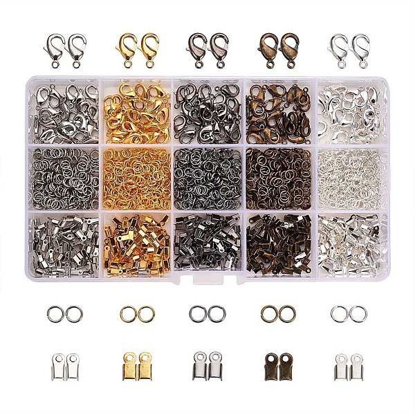 

PandaHall Jewelry Findings Kits, with Iron Cord Ends, Brass Lobster Claw Clasps and Iron Jump Rings, Mixed Color, 5~12x3~7x0.7~2.3mm Iron..., Multicolor