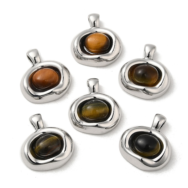 

PandaHall Natural Tiger Eye Pendants, Brass Oval Charms, Real Platinum Plated, 21x19x6mm, Hole: 4.5x3mm Tiger Eye Oval