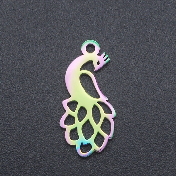 

PandaHall Ion Plating(IP) 201 Stainless Steel Pendants, Peacock, Laser Cut, Rainbow Color, 18.5x8.5x1mm, Hole: 1.4mm 201 Stainless Steel...