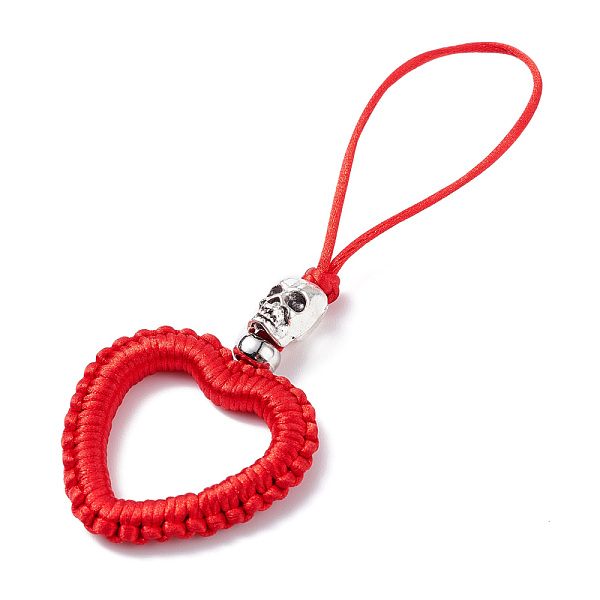 

PandaHall Heart Braided Nylon Cord Mobile Accessories, Phone Hanging Pendant Decor, with Alloy Skull Beads, European Brass Beads & Iron..., Red