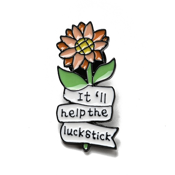 

PandaHall Enamel Pins, Electrophoresis Black Plated Alloy Brooch, Word It'll Help The Luck Stick, Flower, 35x16x2mm Alloy+Enamel Flower