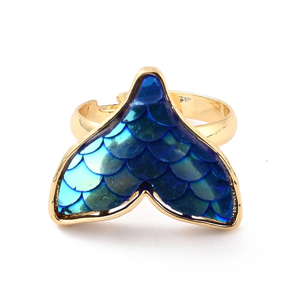 PandaHall Mermaid Fishtail Resin Adjustable Finger Ring, Brass Ring for Girl Women, Golden, Prussian Blue, US Size 7(17.3mm) Brass