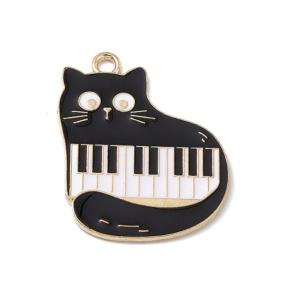 PandaHall Music Theme Charm, Alloy Enamel Pendants, Cat with Piano, Golden, Black, 28x22.5x1.2mm, Hole: 2mm Alloy+Enamel Cat Shape Black