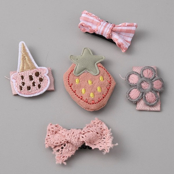 

PandaHall Cute Strawberry/Bowknot/Ice-cream/Flower Polyester & Cotton Hair Clips Set, with Iron Finding, for Girls, Mixed Color, 21x39x10mm..., Multicolor