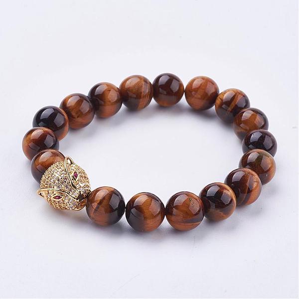 

PandaHall Personalized Men's Grade A Tiger Eye Beads Stretch Bracelets, with Brass Micro Pave Cubic Zirconia Leopard Head Beads, 1-7/8 inch..., Clear