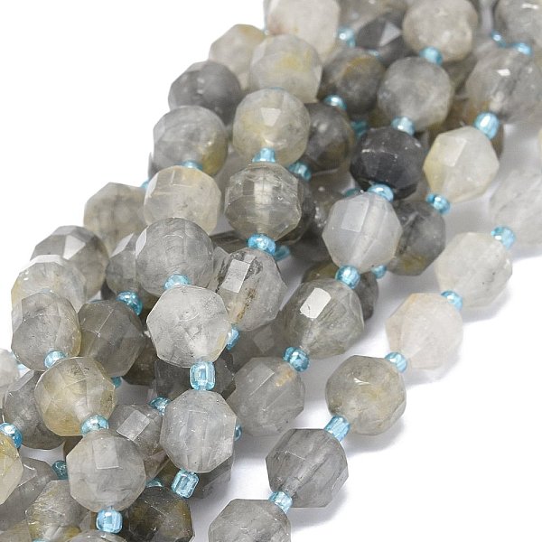 PandaHall Natural Cloudy Quartz Beads Strands, with Seed Beads, Faceted, Bicone, Double Terminated Point Prism Beads, 9~10.5x8~10mm, Hole...