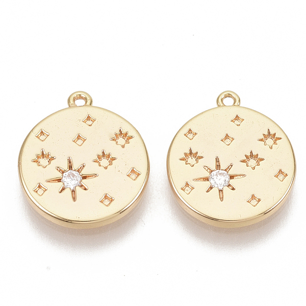 

PandaHall Brass Micro Pave Cubic Zirconia Charms, Nickel Free, Flat Round with Star, Real 18K Gold Plated, Clear, 14.5x12.5x1.5mm, Hole...