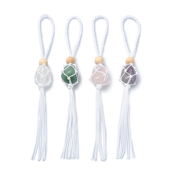 

PandaHall Natural Gemstone Macrame Pouch Pendant Decorations, with Iron Ring and Wood Bead, Nylon Threads Hanging Decorations, 17.2cm Mixed..., White