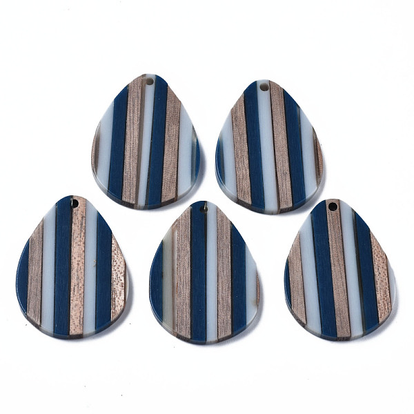 

PandaHall Stripe Resin & Walnut Wood Pendants, Teardrop, Prussian Blue, 36x26x3mm, Hole: 1.8mm Resin+Wood Teardrop