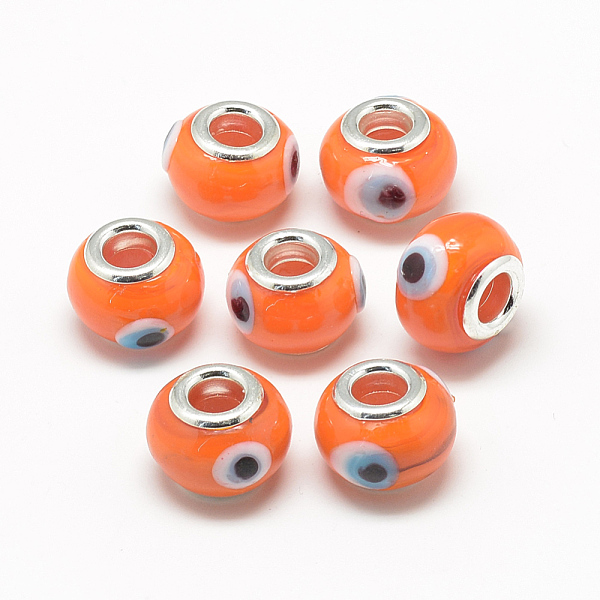 

PandaHall Handmade Evil Eye Lampwork European Beads, with Brass Double Cores, Large Hole Beads, Rondelle, Platinum, Coral, 14~15x10~11mm..., Red