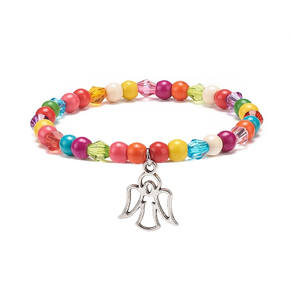 

PandaHall Synthetic Turquoise(Dyed) & Acrylic Beaded Stretch Bracelet with Alloy Charm for Women, Colorful, Angel & Fairy Pattern, Pendant...