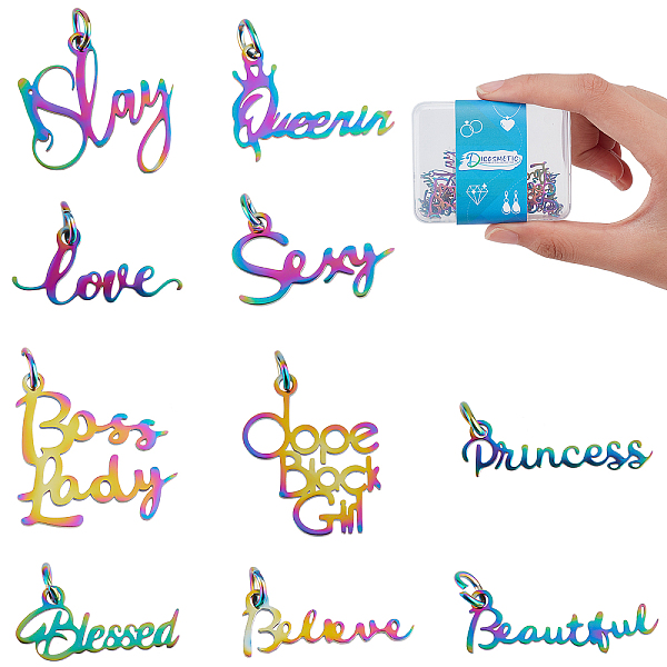 

PandaHall DICOSMETIC 20Pcs 10 Styles Words Pendants Stainless Steel Word Message Charm Pendant Abundant Rainbow Color Sign Pendants for DIY...