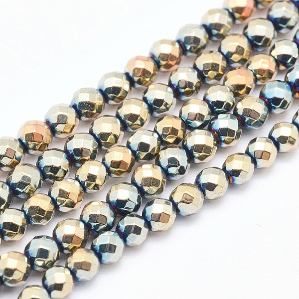 PandaHall Electroplate Non-magnetic Synthetic Hematite Beads Strands, Faceted, Round, Rainbow Plated, 4mm, Hole: 1mm, about 95pcs/strand, 15...