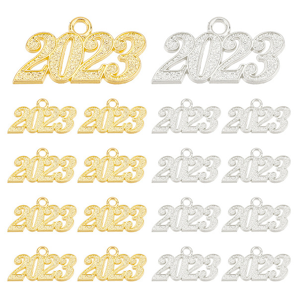 

PandaHall SUNNYCLUE 20Pcs 2 Colors Alloy Pendants, Year 2023, Golden & Silver, 18x34x2mm, Hole: 3.2mm, 10pcs/color Alloy Number
