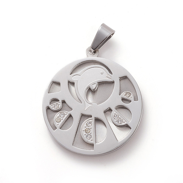 

PandaHall 304 Stainless Steel Pendants, with Crystal Rhinestone, Flat Round with Dolphin, Stainless Steel Color, 36.5x32x3.5mm, Hole: 4x8mm..., Clear