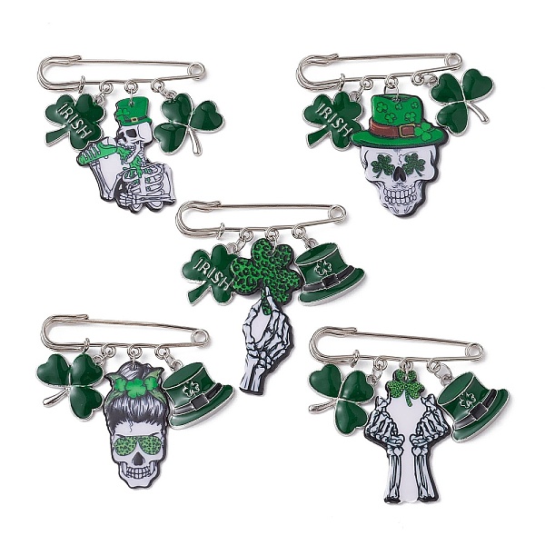 

PandaHall Shamrock Skull Printed Acrylic & Alloy Enamel Pendants Brooch Pin, Iron Safety Kilt Pin for Saint Patrick's Day, Platinum..., Green