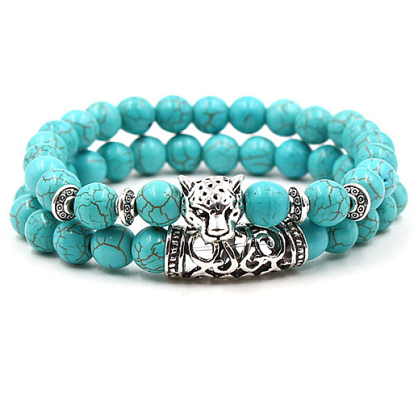 

PandaHall 2Pcs Synthetic Turquoise Stretch Bracelet Sets for Women Men, with Tibetan Style Alloy Beads, Leopard, 2pcs/set Synthetic...