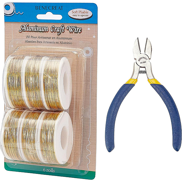 

PandaHall BENECREAT Round Aluminum Wire, with Iron Side Cutting Pliers, Gold, 20 Gauge, 0.8mm, 36m/roll, 6 rolls Aluminum Round Gold