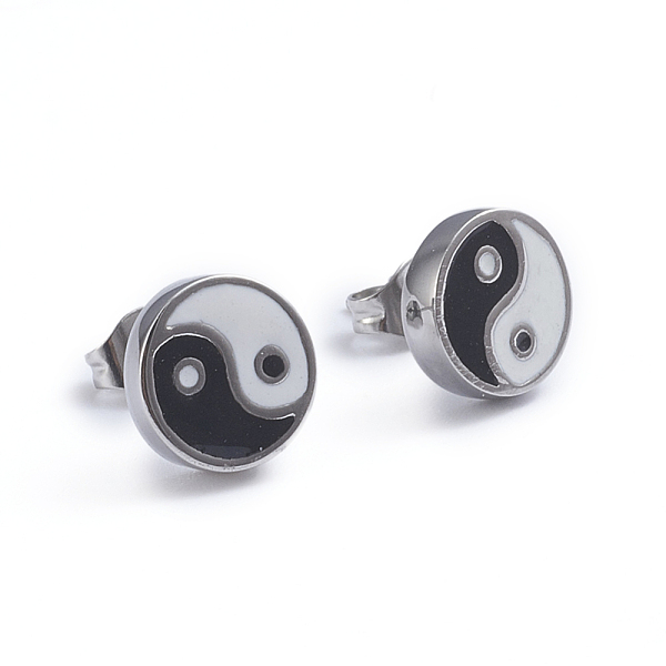 

PandaHall Feng Shui 304 Stainless Steel Stud Earrings, with Enamel and Ear Nuts, Yin Yang, Stainless Steel Color, 9.7mm, Pin: 0.6mm 304...