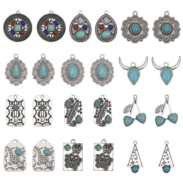

PandaHall CHGCRAFT 24Pcs 12 Style Synthetic Turquoise Pendants, Geometric Charms, with Rack Plating Alloy Findings, Mixed Shapes, Antique...