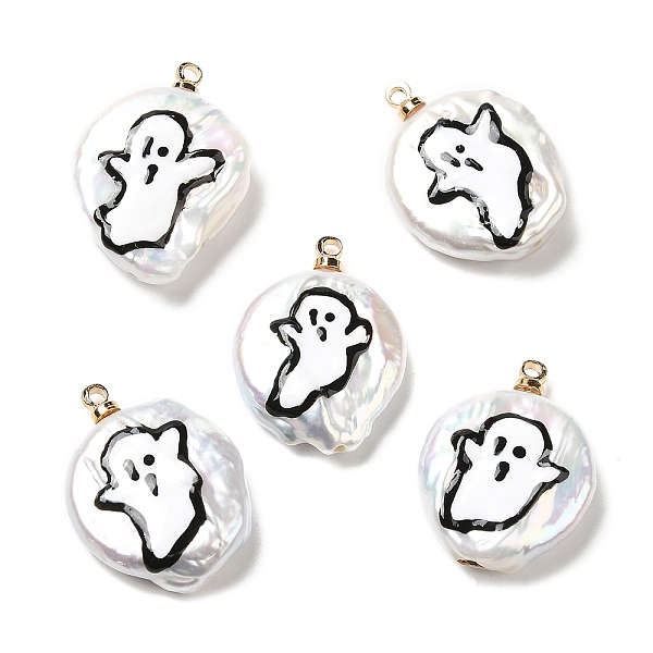 

PandaHall Baroque Style Natural Keshi Pearl Pendants with Enamel, Halloween Flat Round Charms with Golden Tone Brass Pendant Bails, Seashell...