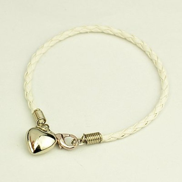 

PandaHall PU Leather Braided Charm Bracelets, with CCB Plastic Pendants and Alloy Lobster Claw Clasps, White, 180mm Plastic White