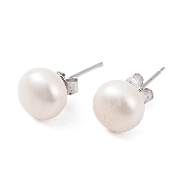 

PandaHall Natural Pearl Round Bead Stud Earrings, with Real Platinum Plated 925 Sterling Silver Findings, White, 17x8~9mm Pearl Round White