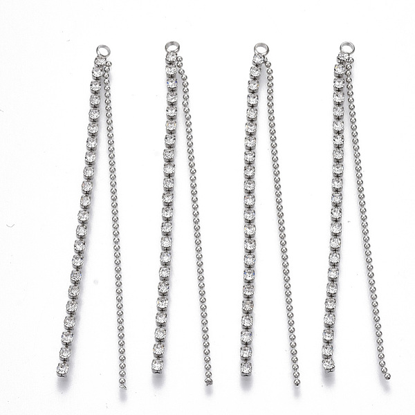 

PandaHall Brass Rhinestone Cup Chain Big Pendants, Tassel Pendant, with Ball Chain, Crystal, Platinum, 70x3.5x2mm, Hole: 1.6mm Brass