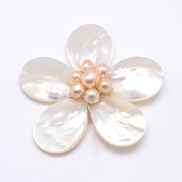 

PandaHall Natural White Shell Mother of Pearl Shell Flower Big Pendants, with Platinum Plated Brass Findings and Pearl Beads, PeachPuff..., Brown