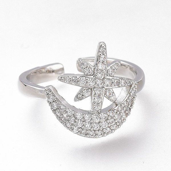 

PandaHall Brass Micro Pave Clear Cubic Zirconia Cuff Rings, Open Rings, Long-Lasting Plated, Star with Moon, Platinum, US Size 8 1/4(18.3mm)...