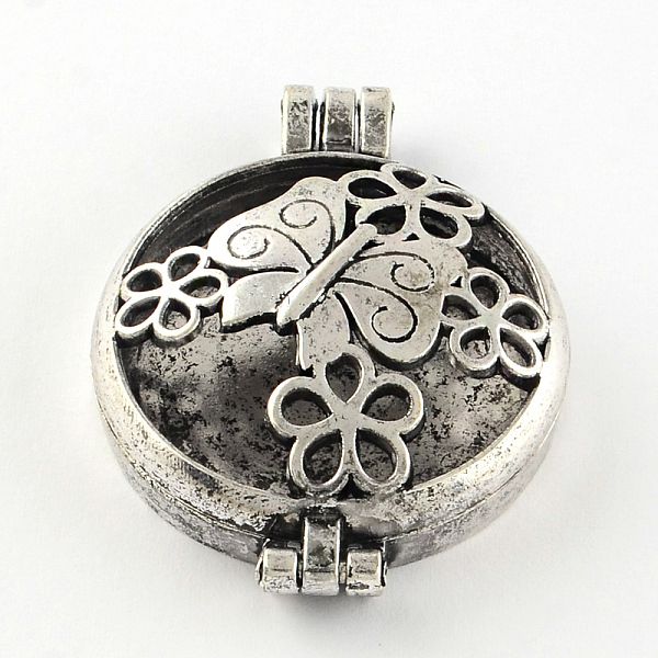 

PandaHall Rack Plating Hollow Brass Diffuser Locket Pendants, Flat Round with Butterfly, Antique Silver, 44x33x11mm, Hole: 3.5~4mm, inner...