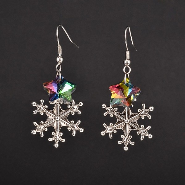 

PandaHall Christmas Alloy Snowflake Dangle Earrings, with Star Electroplated Glass Beads and Brass Earring Hooks, Colorful, 50mm, Pin: 0.7mm...