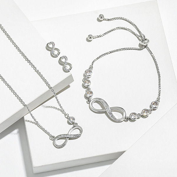 Infinity Brass Micro Pave Clear Cubic Zirconia Pendant Necklaces & Bracelets & Stud Earrings Sets