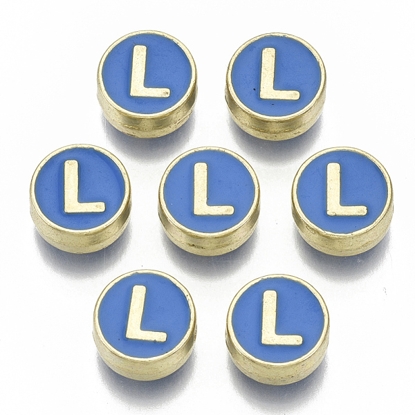 

PandaHall Alloy Enamel Beads, Cadmium Free & Nickel Free & Lead Free, Flat Round with Initial Letters, Light Gold, Letter.L, 8x4mm, Hole...