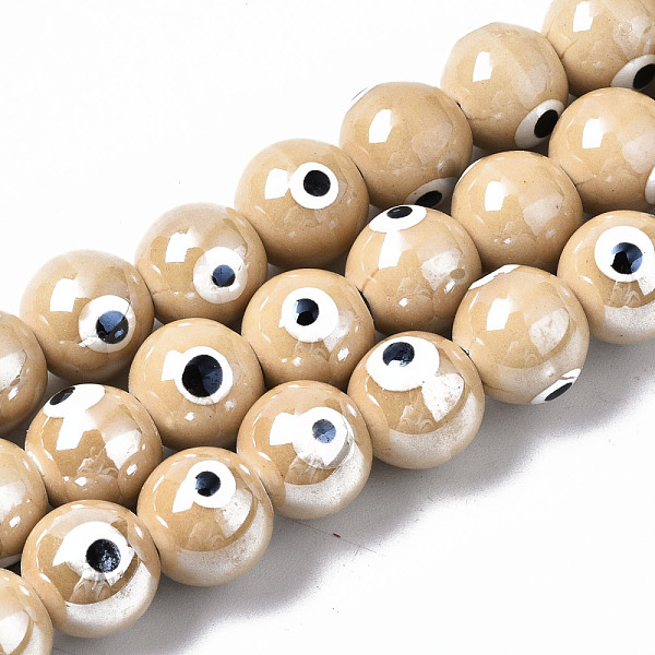 

PandaHall Handmade Porcelain Ceramic Beads Strands, Bright Glazed Porcelain, Round with Evil Eye, BurlyWood, 10.5mm, Hole: 1.8mm, about..., Orange