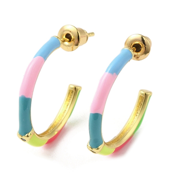 

PandaHall Real 18K Gold Plated Brass Ring Stud Earrings, Half Hoop Earrings with Enamel, Colorful, 19.5x2.5mm Brass Ring