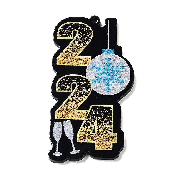 PandaHall Single-sided Printed Acrylic Pendants, Number 2024 Charm, Gold, Christmas Bell, 49x26.8x2.2mm, Hole: 1.5mm Acrylic Christmas Bell...