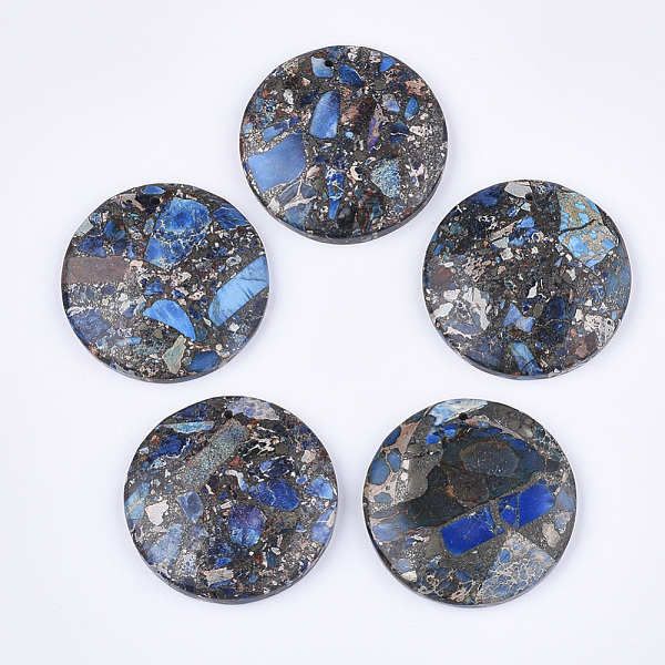

PandaHall Synthetic Gold Line Regalite/Imperial Jasper/Sea Sediment Jasper Pendants, Dyed, Flat Round, Royal Blue, 40x7mm, Hole: 1.4mm...