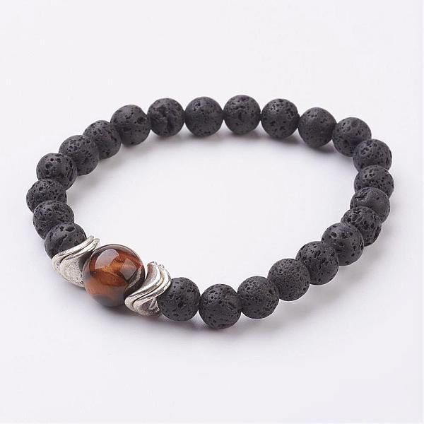

PandaHall Natural Lava Rock and Tiger Eye Stretch Bracelets, with Alloy Finding, Antique Silver, 2-1/4 inch(56mm) Tiger Eye