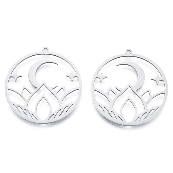 

PandaHall 201 Stainless Steel Pendants, Moon with Flower Charm, Stainless Steel Color, 34x32x1mm, Hole: 1.6mm 201 Stainless Steel Flower