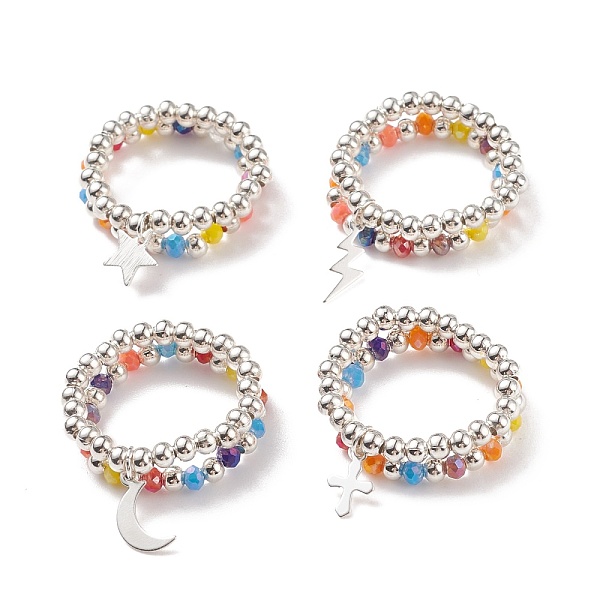 

PandaHall 2Pcs 2 Style Glass & Brass Beaded Stretch Finger Rings with Charms for Women, Silver, Mixed Patterns, US Size 7 3/4(17.9mm)..., Multicolor