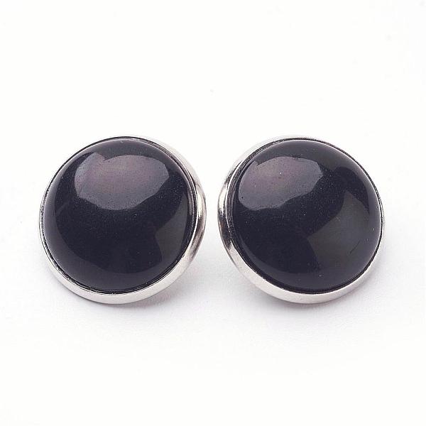 

PandaHall Natural Black Agate Brass Clip-on Earrings, Flat Round, Platinum, 14~15x12~13mm Black Agate Black