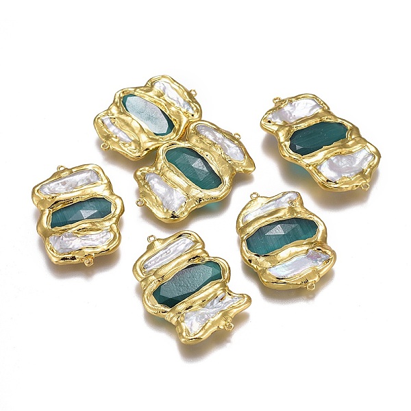 

PandaHall Natural Pearl Links Connectors, with Cat Eye & Brass Findings, Faceted, Strip Shape, Golden, 40~48x28~29x6.5~7mm, Hole: 1.2mm...