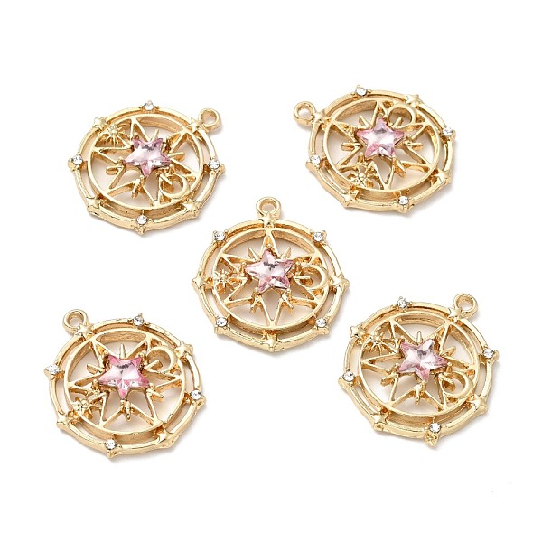 

PandaHall Faceted Glass Pendants, with Light Gold Plated Alloy Findings, Flat Round with Star, Pearl Pink, 29.5x26x5mm, Hole: 1.6mm...