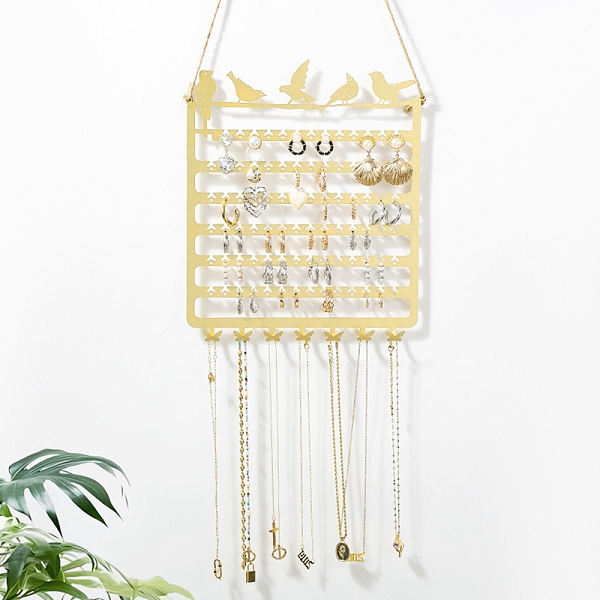 

PandaHall Rectangle with Bird Iron Wall Mounted Jewelry Display Rack, For Hanging Necklaces Earrings Bracelets, Golden, 51x23x1.5cm Iron