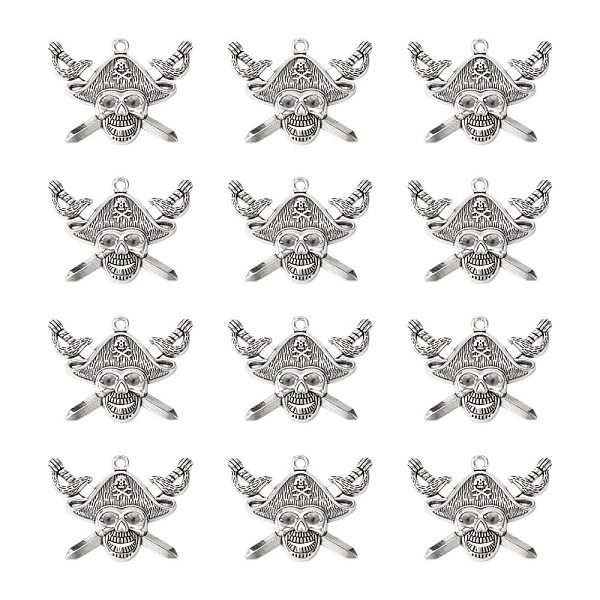 

PandaHall Tibetan Style Alloy Pendants, Cadmium Free & Lead Free, Pirate Style Skull, Antique Silver, 43x34x5mm, Hole: 3mm Alloy Skull
